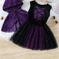 Girls Trendy Spider Print Stitching Mesh Puffy Dress, Halloween
