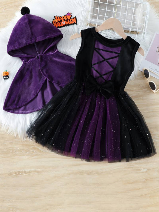 Girls Trendy Spider Print Stitching Mesh Puffy Dress, Halloween