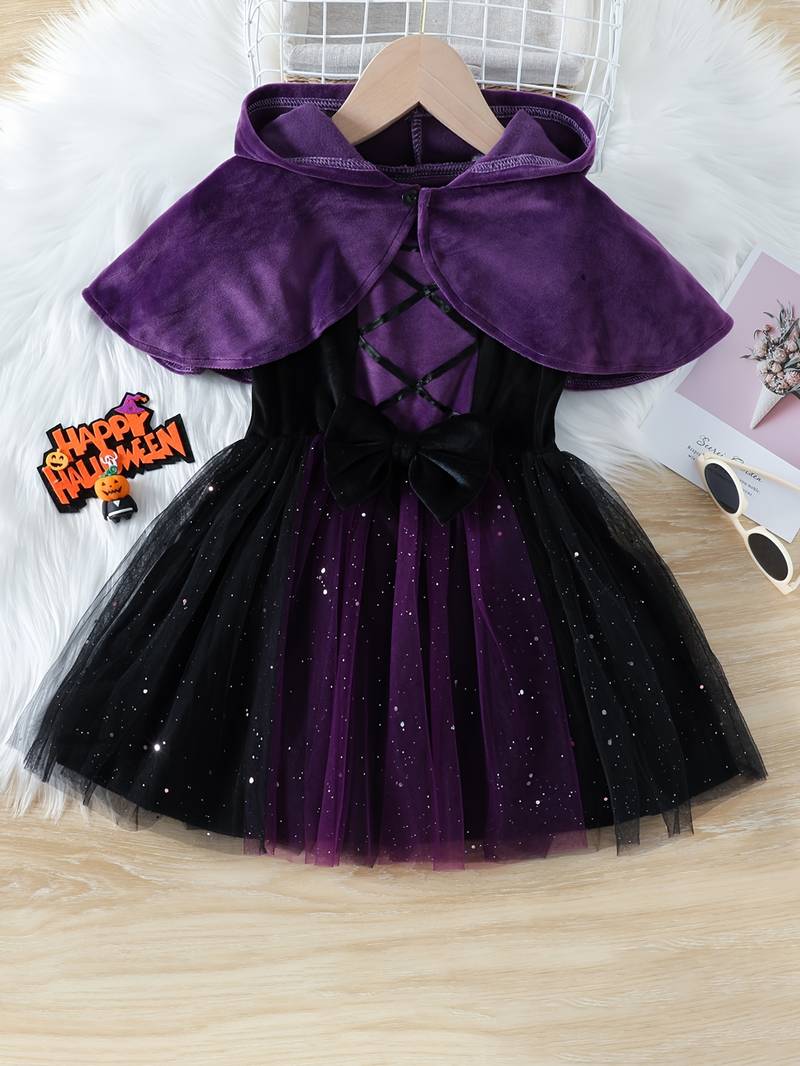 Girls Trendy Spider Print Stitching Mesh Puffy Dress, Halloween