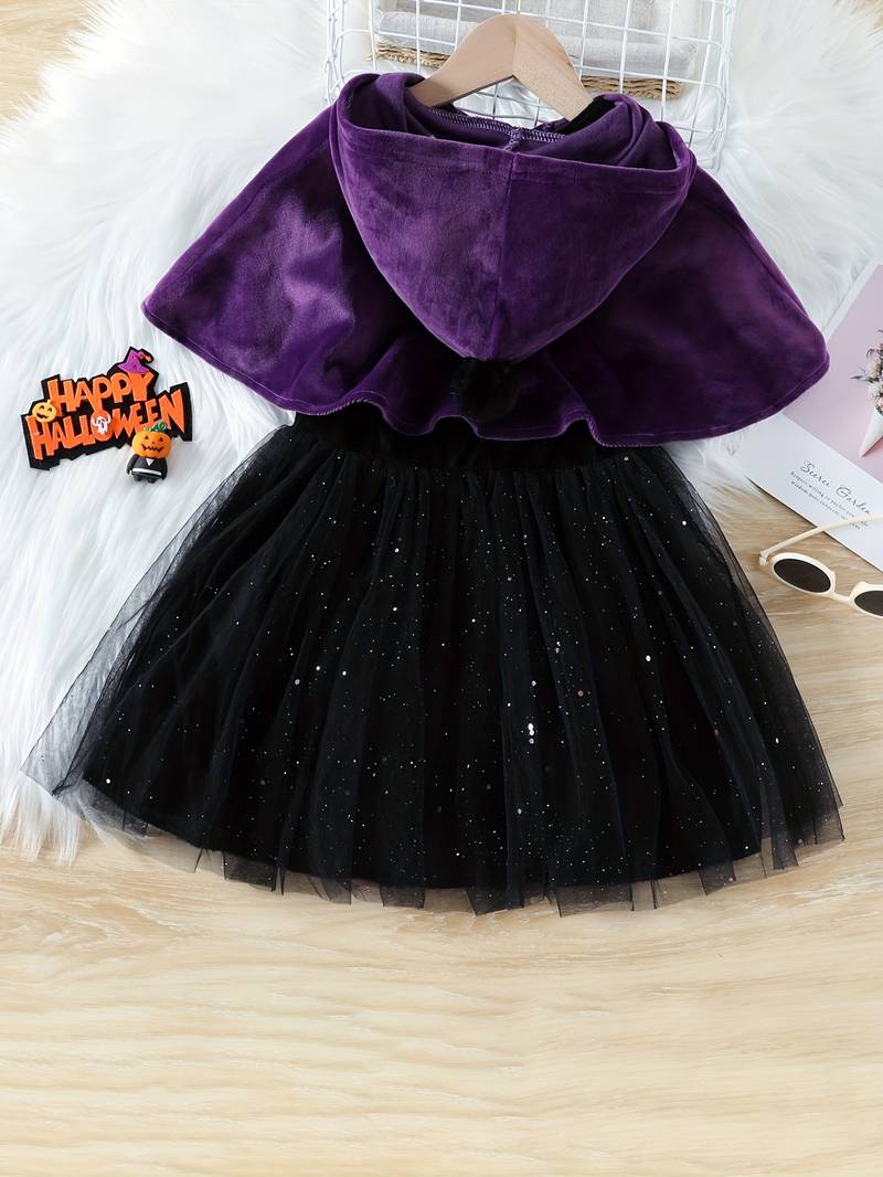 Girls Trendy Spider Print Stitching Mesh Puffy Dress, Halloween